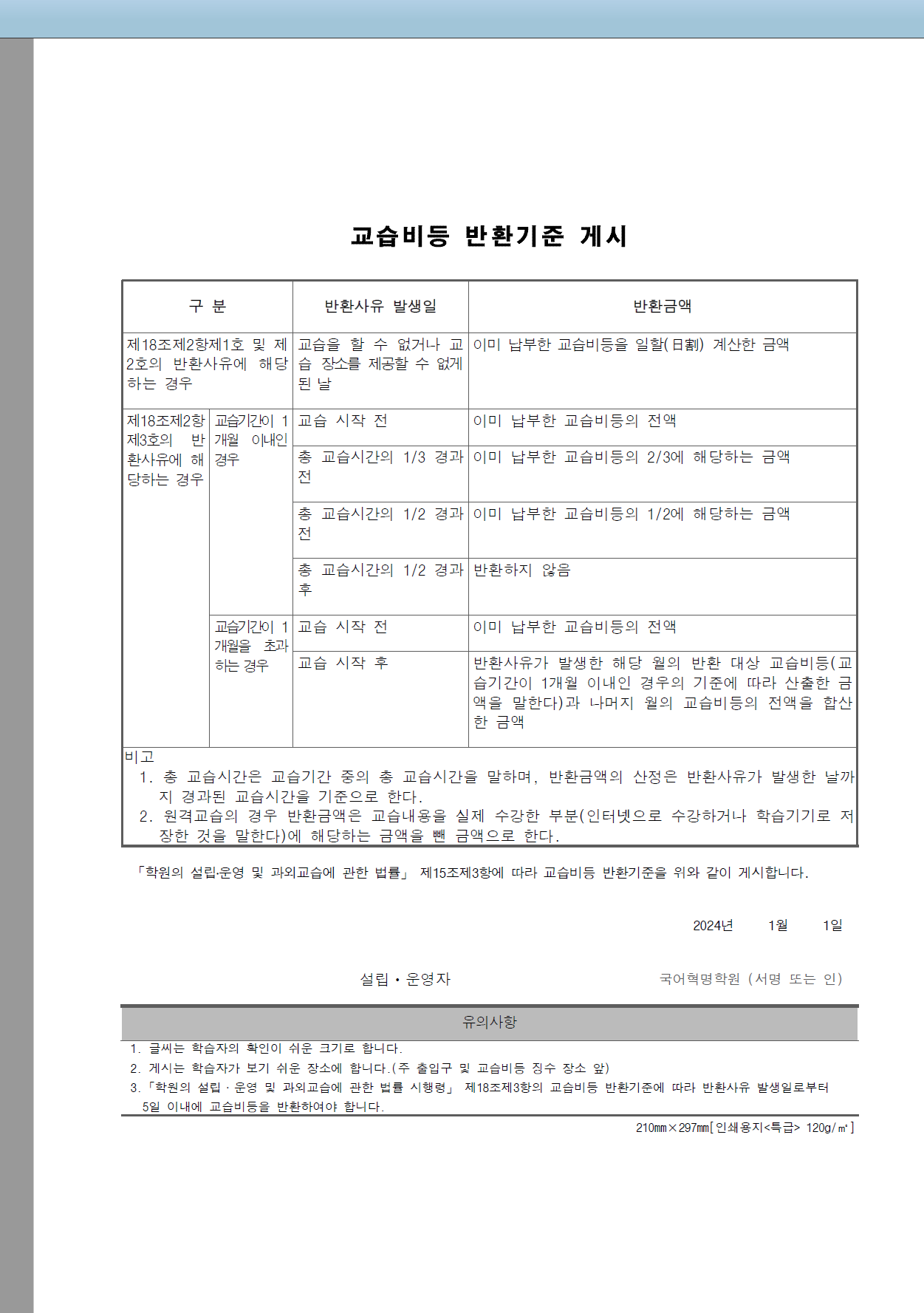 분당 교습비 환불기준 안내